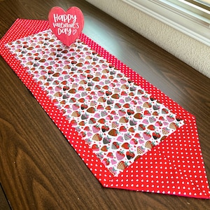 Strawberries Table Runner Valentine's Day Hearts Polka Dots Chocolate Red White Pink Brown Reversible Valentine's Day Decor 14x44