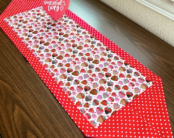 Strawberries Table Runner Valentine's Day Hearts Polka Dots Chocolate Red White Pink Brown Reversible Valentine's Day Decor 14x44