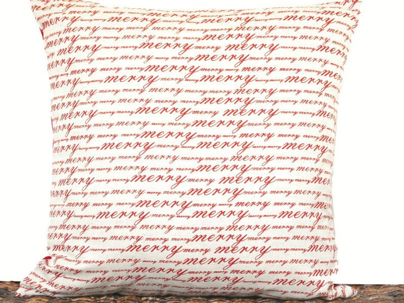 Christmas Pillow Cover Cushion Script Merry Red Beige Rustic Etsy