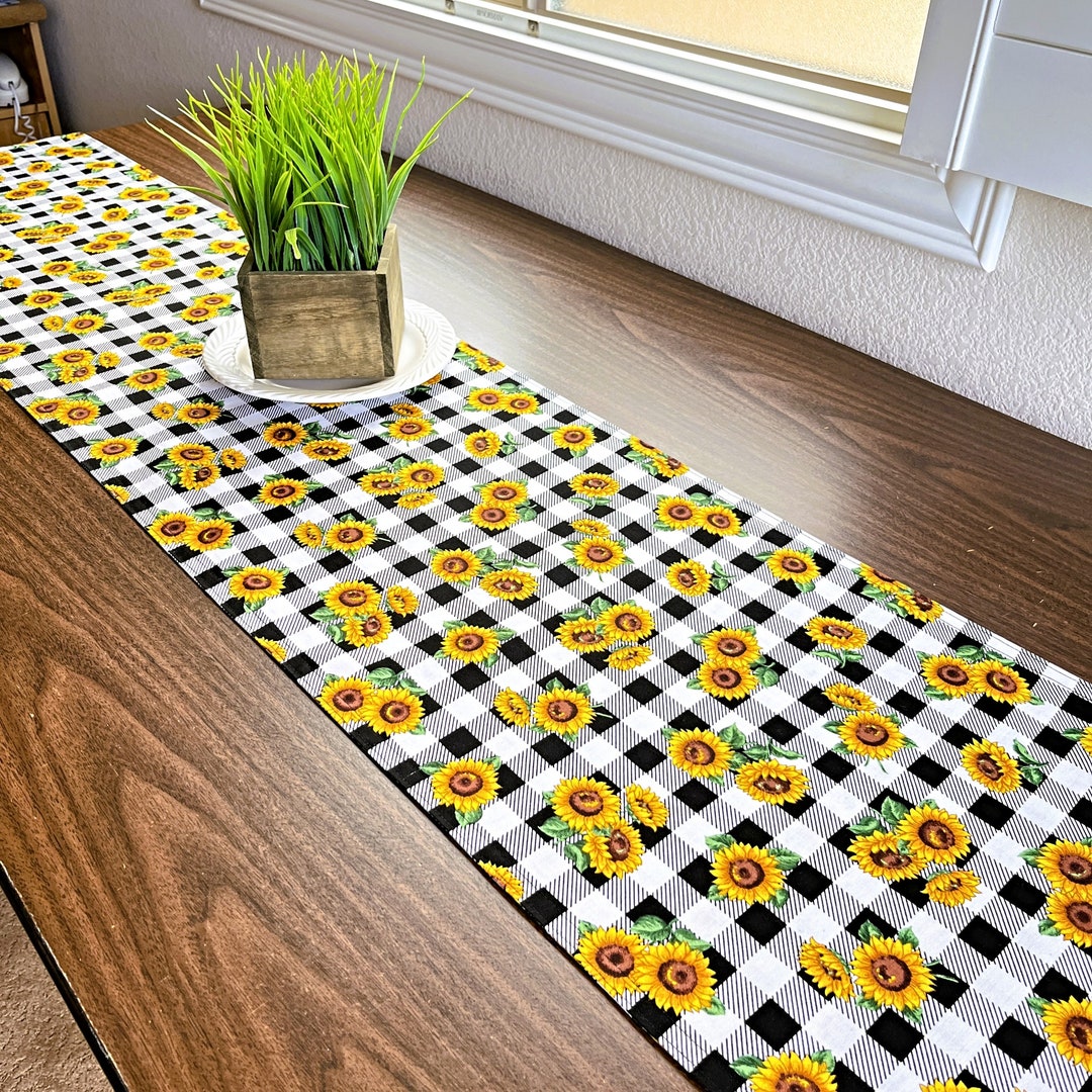 Sunflowers Table Runner Gingham Check Yellow Back White Brown Etsy