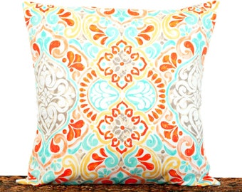 Suzani Pillow Cover Cushion Mandalas Damask Orange Pantone Coral Turquoise Taupe Yellow Beige Decorative 18x18