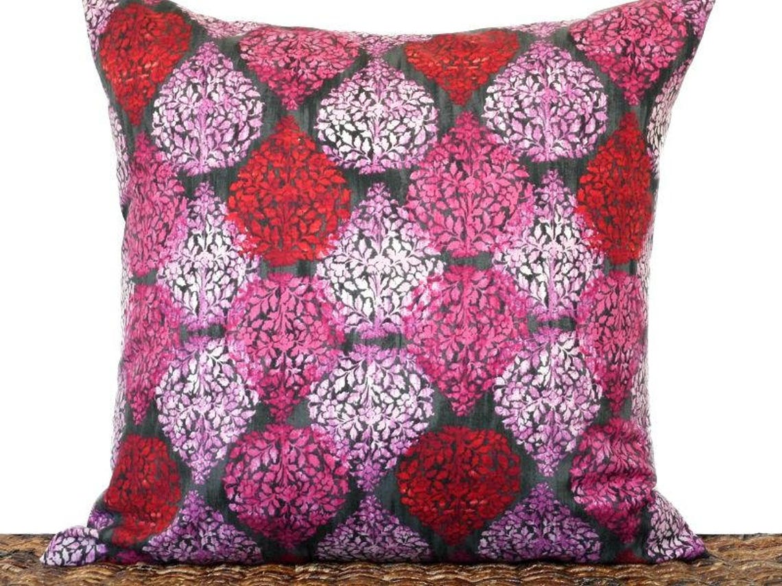 Floral Pillow Cover Cushion Modern Pink Black Red Leaves Etsy