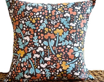 Gray Floral Throw Pillow Cover Cushion: Mustard, Burnt Orange & Aqua Accent (18x18)