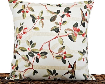 Birds Pillow Cover Cushion Floral Branches Geometric Asian Red Pink Green Black Beige Decorative 18x18