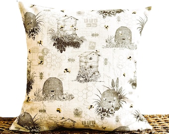 Bees Pillow Cover Cushion Honeycomb Beehives French Country Script Yellow Brown Gray Black Tan Floral Birdhouses Decorative 18x18