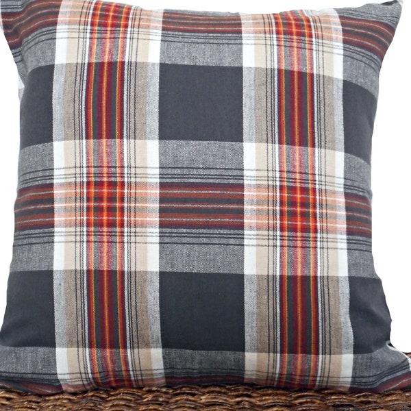 SALE 12.00 Black Plaid Pillow Cover Cushion Fall Red Yellow Gray Tan Autumn Decor Farmhouse Country Decorative Repurposed 18x18