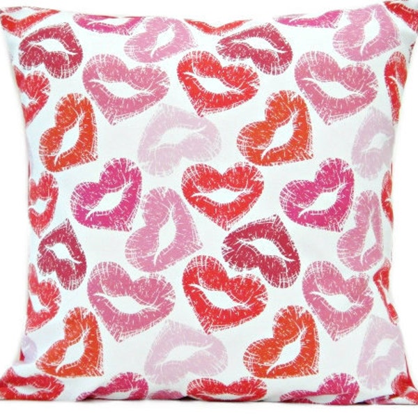 Lips Valentine Pillow Cover Cushion Hearts Red Pink Fuchsia White Decorative 16x16