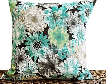 Black Floral Pillow Cover Cushion Turquoise Lime Green Tan Brown White Decorative Throw Pillow 18x18