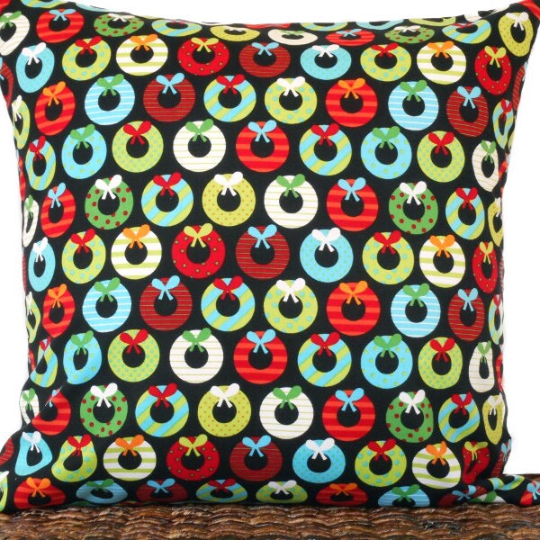 SALE 10.00 Retro Wreaths Christmas Pillow Cover Cushion Mod Black Red Lime Green Turquoise Orange White Polka Dots Stripes Decorative 18x18