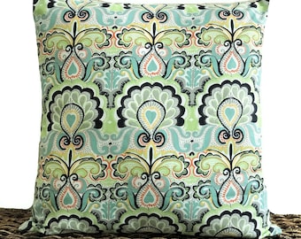 Suzani Pillow Cover Cushion Boho Ikat Turquoise Lime Green Orange Yellow Black White Decorative 18x18
