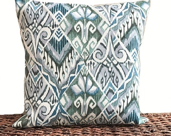 Outdoor Ikat Pillow Cover Cushion Blue Green Gray Beige Decorative Summer Boat Decor 18x18