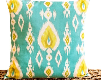 Turquoise Ikat Pillow Cover Cushion Yellow Chartreuse Green White Decorative Summer 18x18