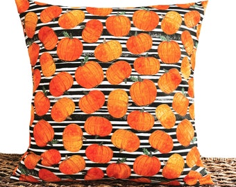 Pumpkins Pillow Cover Cushion Throw Pillow Fall Orange Black White Stripes Autumn Fall Decor 18x18