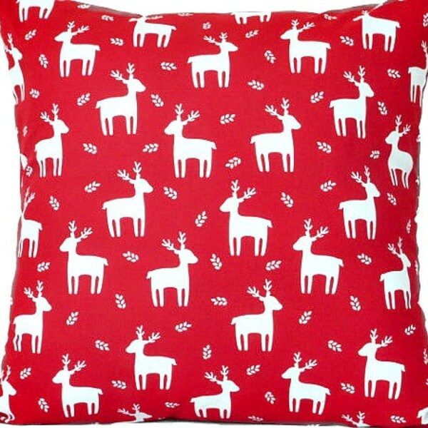 SALE 12.00 Reindeer Pillow Cover Cushion Red White Nordic Rustic Decorative 18x18