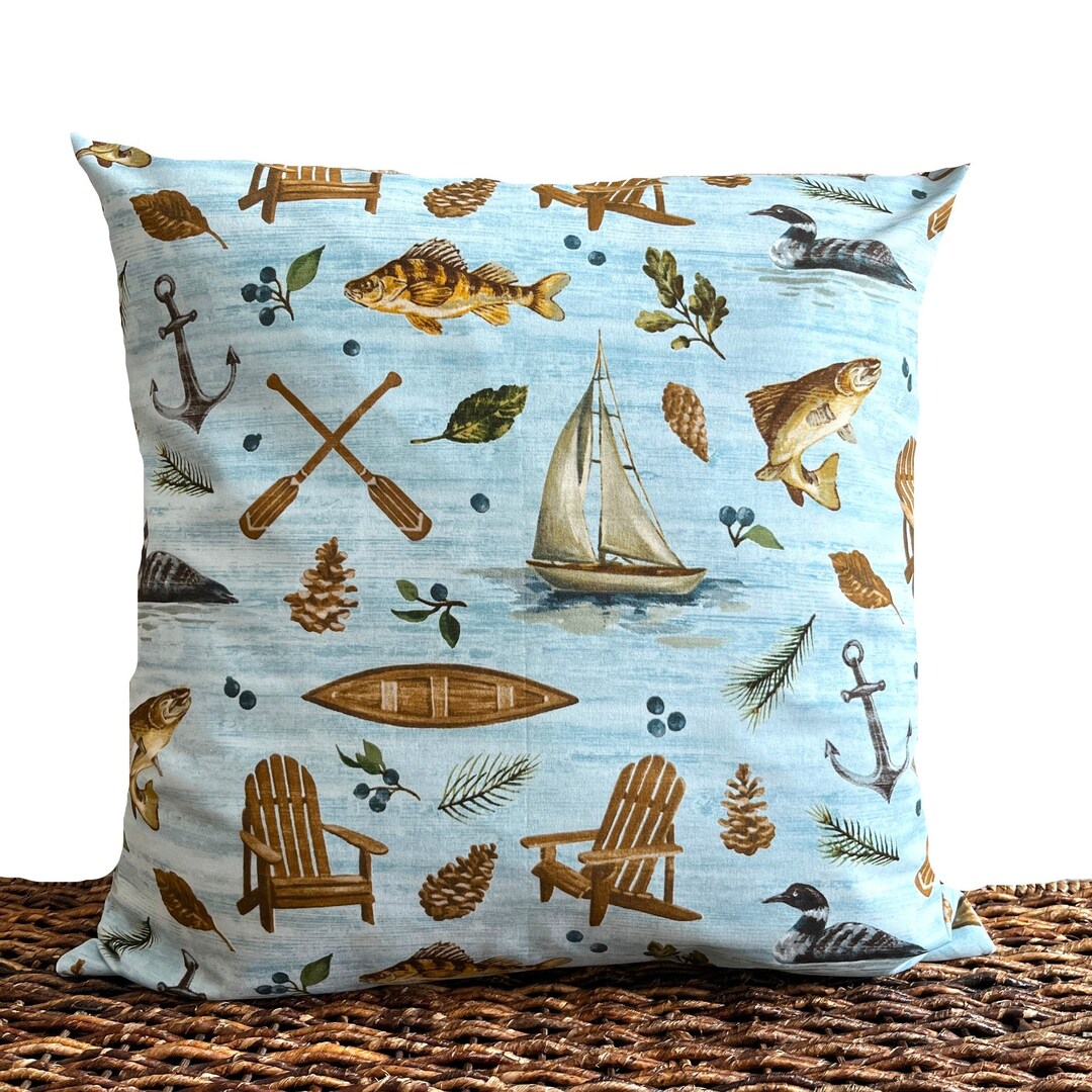 Lakehouse Pillow Cover Cushion Cabin Sailboats Canoes Fish Ducks