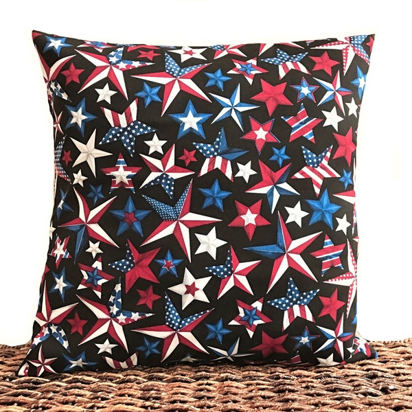 Patriotic Stars Pillow Cover Cushion Fourth of July Black Red White Blue Stars Stripes Polka Dots Americana Texas Star Decorative 18x18