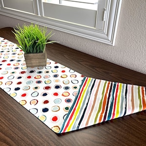 Circles Table Runner Stripes Retro Multicolored Blue Orange Red Chartreuse Green Mustard Pink White Buffet Hostess Gift Reversible 13x70