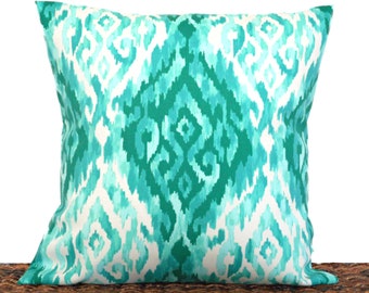 Green Ikat Pillow Cover Cushion Outdoor Turquoise Beige Decorative Coastal Beach Decor 18x18