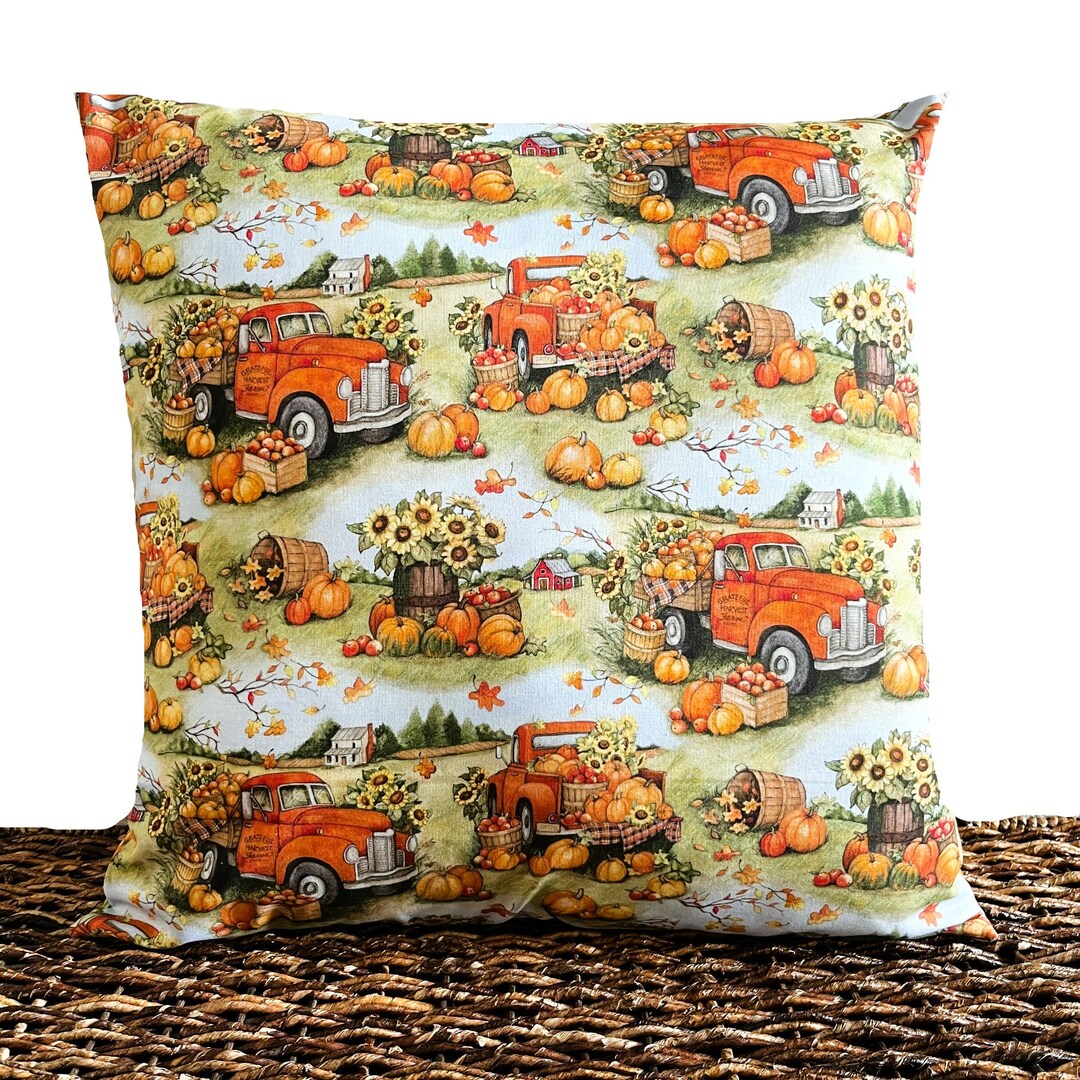 Fall Trucks Throw Pillow Cover Cushion Sunflowers Pumpkins Apples Barn