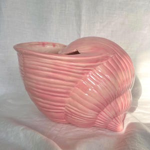 Może przedstawiać: Różowa ceramiczna donica w kształcie muszli. Donica ma błyszczące wykończenie i szczegółową żebrowaną fakturę. Otwór znajduje się na górze, a muszla zakrzywia się, tworząc korpus. Donica jest ustawiona na białym tle.