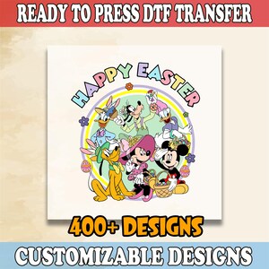 May include: A colorful digital transfer design featuring Mickey Mouse, Minnie Mouse, Donald Duck, Goofy, and Pluto. The characters are arranged in a circle around the text "Happy Easter".