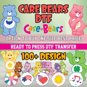 May include: A digital download of 100+ Care Bears designs for use with a heat press. The designs feature various Care Bears characters with their signature symbols. The text "Care Bears DTF" is displayed in large letters at the top of the image.