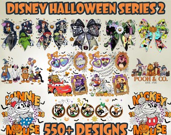 May include: A promotional image for Disney Halloween Series 2 DTF transfers. The image features various designs, including bows, character portraits, and Halloween-themed graphics. Text includes "READY TO PRESS DTF TRANSFER", "550+ DESIGNS", and "CUSTOMIZABLE DESIGNS".