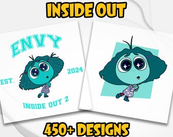 May include: Two white DTF transfer sheets with cartoon character designs from the movie "Inside Out". One design says "Envy" with the year 2024. The other design features the same character on a teal background. Text at the top says "Ready to Press DTF Transfer".