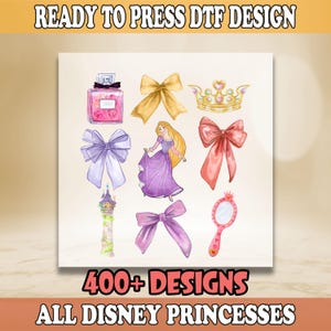 May include: A set of 400+ digital designs featuring various Disney princesses. The designs include a purple dress, a crown, a perfume bottle, a tower, a mirror, and bows in various colors.