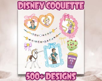Puede incluir: Una hoja de transferencia de diseño digital con una variedad de imágenes con temática de Disney, incluyendo Rapunzel y Flynn Rider de Enredados. La hoja también incluye una pancarta con el texto "YOU WERE MY NEW DREAM" y una taza de café con un lazo rosa. El texto "500+ DESIGNS CUSTOMIZABLE DESIGNS" está en la parte inferior de la hoja.