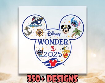Könnte beinhalten: Ein blaues und weißes Mickey-Maus-Kopfdesign mit den Worten "Disney Wonder 2025" im Inneren. Das Design enthält ein Kreuzfahrtschiff, eine Palme, einen Anker, einen Kompass und Stitch-Charaktere.