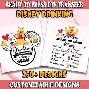 Winnie the Pooh Drinking Around The World DTF Transfer, Disney Drinking Team Heat Transfer, Epcot DTF Transfers, Disney Drinking Squad DTF