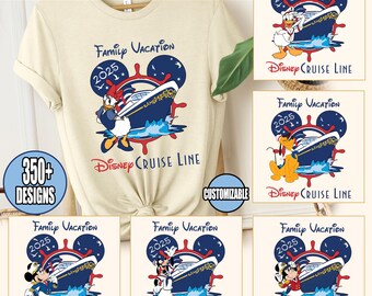 Könnte beinhalten: Ein Set mit fünf Bügelbildern mit den Disney-Charakteren Mickey Mouse, Minnie Mouse, Donald Duck, Goofy und Pluto. Jedes Design enthält ein Kreuzfahrtschiff, ein Steuerrad und den Text "Family Vacation 2025" und "Disney Cruise Line".