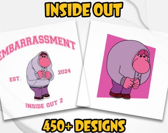 May include: DTF transfer designs featuring characters from the movie "Inside Out." The designs include a character in a purple hoodie with the text "Embarrassment" and "Inside Out 2." The image also states "450+ Designs" and "Customizable Designs."