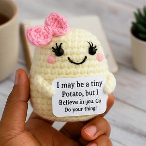May include: A crocheted potato toy with a pink bow, smiling and holding a sign that reads "I may be a tiny Potato, but I Believe in you. Go Do your thing!"