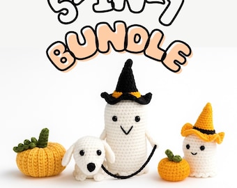 May include: A 5-in-1 bundle of crochet Halloween patterns. The image features a white ghost wearing a black witch hat, a white dog, two small pumpkins, and a ghost wearing a yellow witch hat. The text "Halloween Crochet Pattern" is at the bottom.