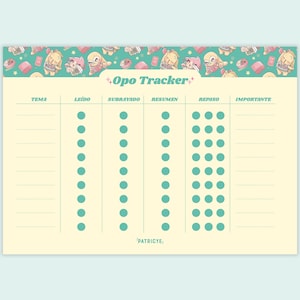 May include: A yellow and green printable study tracker with the text "Opo Tracker" and a cartoon owl illustration. The tracker has columns for "Tema", "Leido", "Subrayado", "Resumen", "Repaso", and "Importante".
