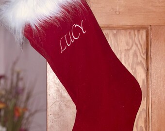 Christmas Stocking, Santa Stocking, Christmas Decoration, tree decoration, personalised fur trimmed red velvet Christmas stocking