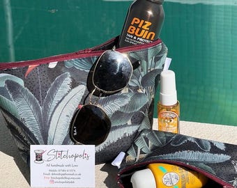 Tropical Wash Bag, Zipper Bag, Waterproof, Cosmetic Bag, Make up Bag, Fully lined Waterproof Bag