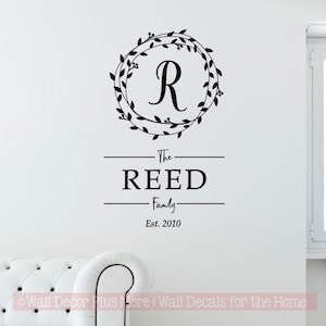 Personalized Wall Decals Monogram With Last Name Est Date Family Vinyl Sticker Laurel Wreath Letter Room Decor Art Wall Words Lettering