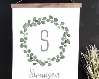 Canvas Wall Print Wood Frame Customized with Monogram Last Name Date Leaf Wreath Art Home Decor Wedding Anniversary Gift