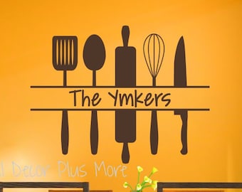 Farmhouse Decor Wall Decal Sticker Kitchen Wall Art Custom Name with Utensils Name Date Custom Art Personalized Vinyl Lettering Wall Decals