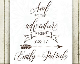 The Adventure Begins Personalized Vinyl Lettering Art Wall Sticker Decals Wedding Gift Home Decor or Reception Create Sign Apply to Wood
