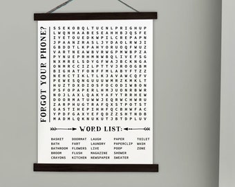 Canvas Wall Print Sign Wood Frame Bathroom Wall Decor Word Search Forgot Phone Funny Art Lightweight Hanging Decoration Black or Walnut Wood