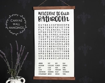 Wood Canvas Wall Hanging Welcome to Bathroom Word Search Puzzle Sign Art Fun Bath Words Gift Idea Lightweight Decor Black or Walnut Wood
