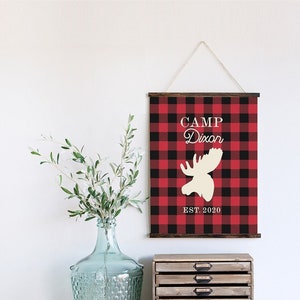 Wood Canvas Wall Hanging Buffalo Plaid Elk Rustic Decor Sign Camp Name and Est Year Personalized Home Sign Holiday Art Wedding Gift Idea