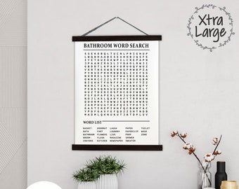 Bathroom Word Search Canvas Wall Print Sign Wood Frame Fun Wall Decor Art Puzzle Lightweight Hanging Decoration Black or Walnut Wood