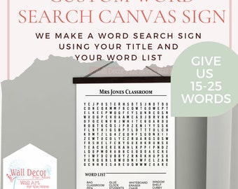 Custom Word Search Canvas Wall Hanging Sign with Wood, Specify your Word List, Personalized Art Decor Print Puzzle - 2 Wood Colors, 3 Sizes