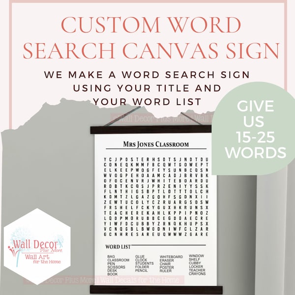 Custom Word Search Canvas Wall Hanging Sign with Wood, Specify your Word List, Personalized Art Decor Print Puzzle - 2 Wood Colors, 3 Sizes