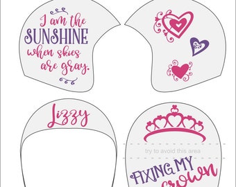 May include: Four different designs for a swimming cap. The first design features the text "I am the SUNSHINE when skies are gray." in pink and purple lettering. The second design features three hearts in pink and purple. The third design features the name "Lizzy" in pink lettering. The fourth design features a pink crown and the text "FIXING MY crown" in pink and purple lettering.
